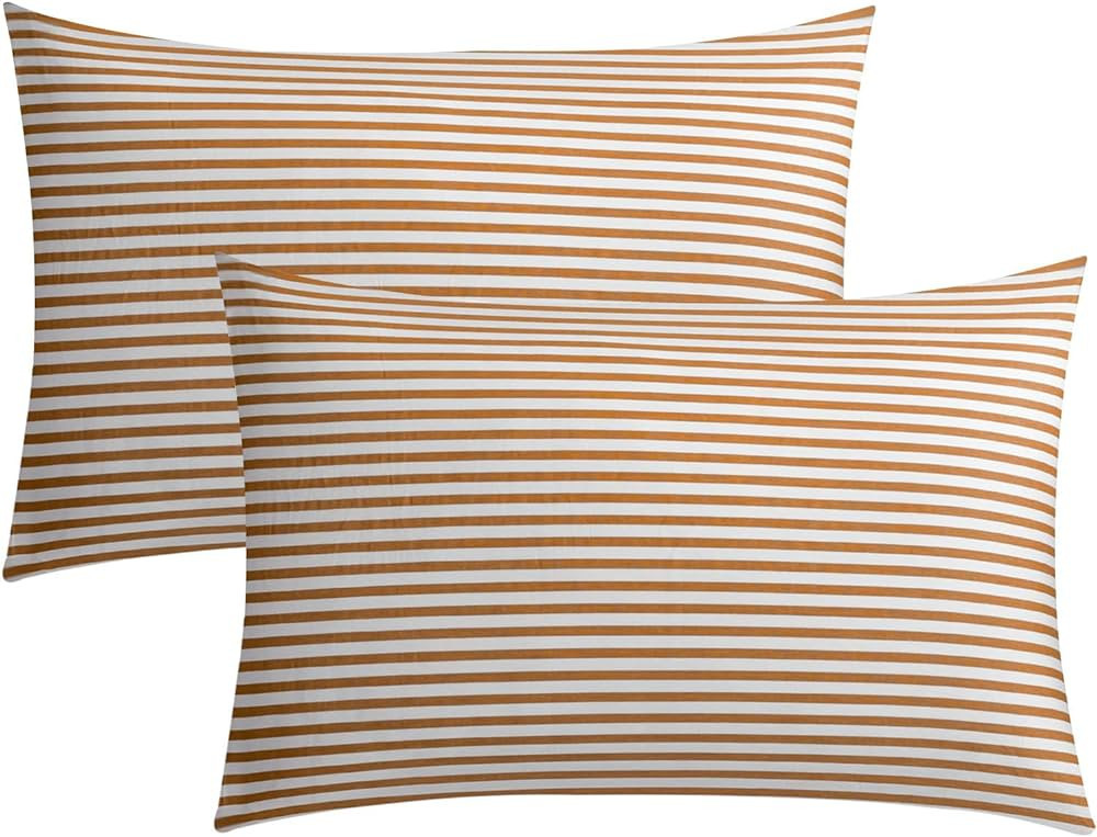 JELLYMONI 100% Natural Cotton Striped Queen Pillowcases Set, 2 Pack White and Rust Stripes Patter... | Amazon (US)