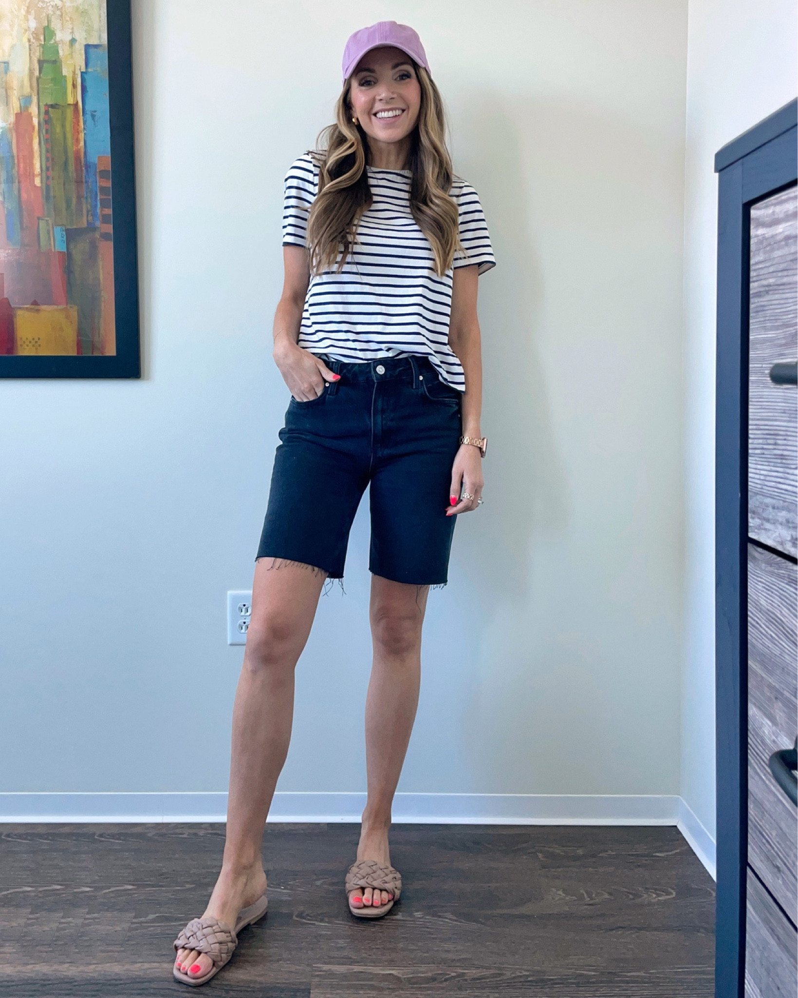 Striped tee with dark Bermuda shorts (wearing size 26) and sandals for classic summer style 

#LTKSeasonal #LTKstyletip