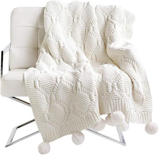 Chenille Plush Throw Blanket, Luxurious Lovely Lounge Cover Knitted Blanket with Handmade Pom Pom... | Amazon (US)