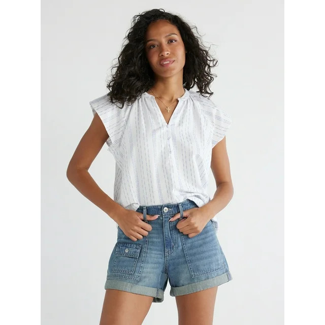 Time and Tru Women's Split Neck Top with Flutter Sleeves, Sizes XS-XXXL | Walmart (US)