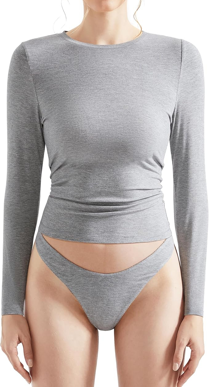 OMKAGI Women Long Sleeve Shirts Cotton Ribbed Fitted Basic Tops Crewneck Y2K Top | Amazon (US)