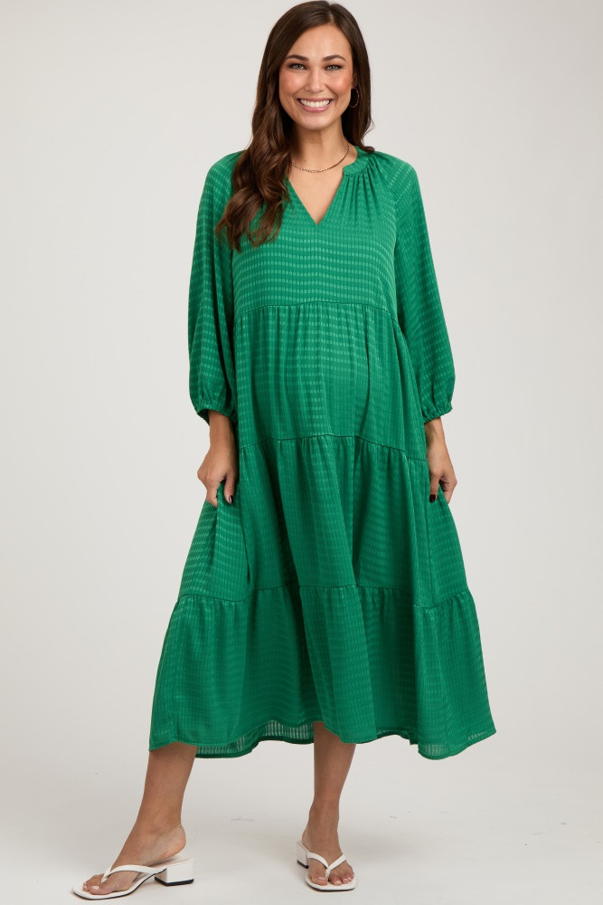 Green Textured Tiered Maternity Midi Dress | PinkBlush Maternity