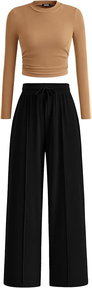 BTFBM Casual 2 Piece Sets For Women Fall Outfits 2026 Ribbed Spring Long Sleeve Crop Top Wide Leg... | Amazon (US)