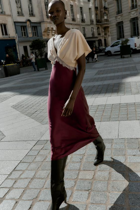 MIDI SATIN EFFECT LACE COMBINATION DRESS | Zara US