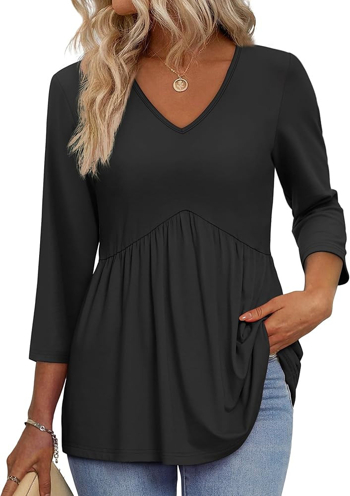 OFEEFAN 3/4 Length Sleeve Womens Tops 2025 Blouses for Women Dressy Casual Fashion Clothing V Nec... | Amazon (US)