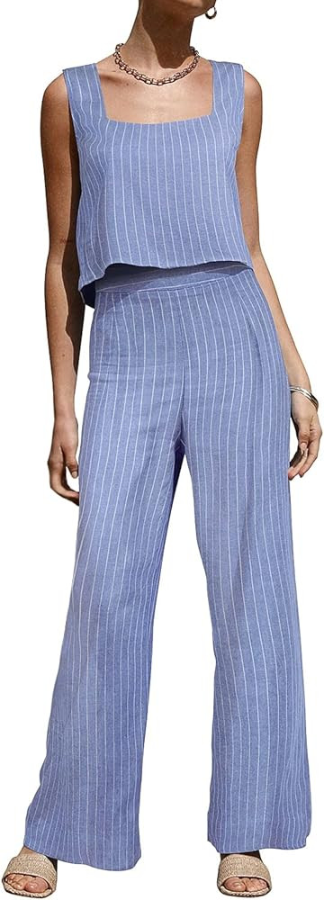 ROYLAMP Women's Summer 2 Piece Outfits Sleeveless Square Neck Tops Wide Leg Pants set Jumpsuit wi... | Amazon (CA)