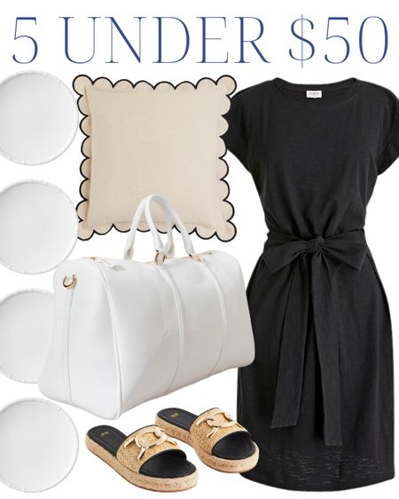 Black bow dress, casual dress, T-shirt dress, travel dress, black dress, woven sandals, buckle sandals, look for less, weekender bag, leather bag, bamboo plates, melamine plates, scalloped pillow, white bag, outdoor entertaining, classic style, preppy style, traditional style, coastal grandmother, travel day outfit, summer style, summer outfit, ootd 

#LTKshoecrush #LTKunder50 #LTKstyletip
