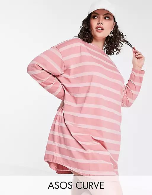 ASOS DESIGN Curve oversized long sleeve t-shirt dress in tonal pink stripe | ASOS | ASOS (Global)