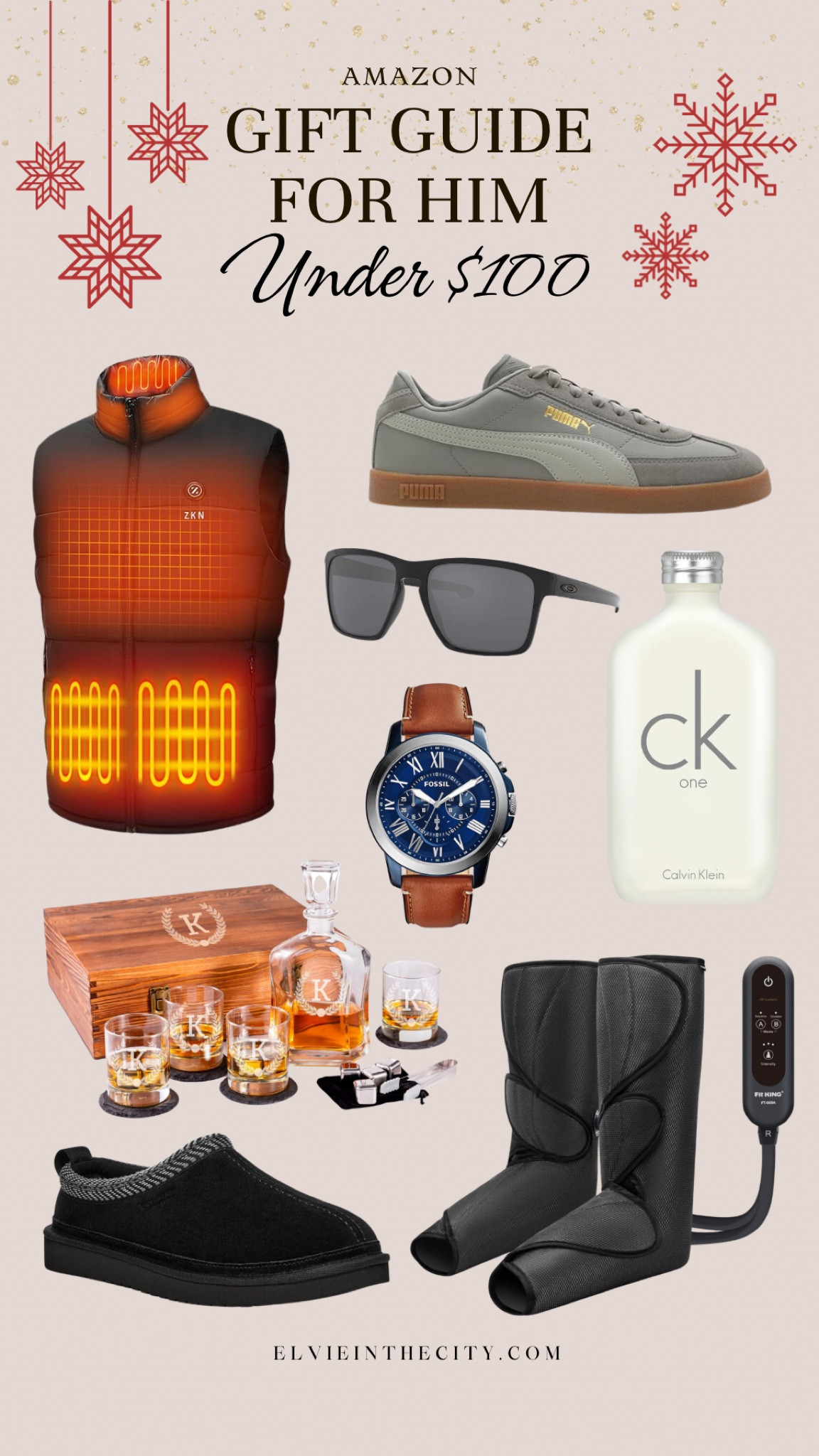 This Amazon gift guide for him is all under $100 and includes a heated vest, Puma sneakers, Oakley sunglasses, CK cologne, a Fossil watch, a personalized whiskey set, slippers, and a leg air massager.

Gifts for him, gifts for dad, gifts for husband, gifts under 100

#LTKGiftGuide #LTKMens #LTKFindsUnder100