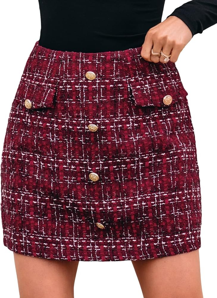 CUPSHE Women Mini Plaid Skirts Tweed High Waist Bodycon Pencil Hem Fall Winter Dressy Outfits Sho... | Amazon (US)