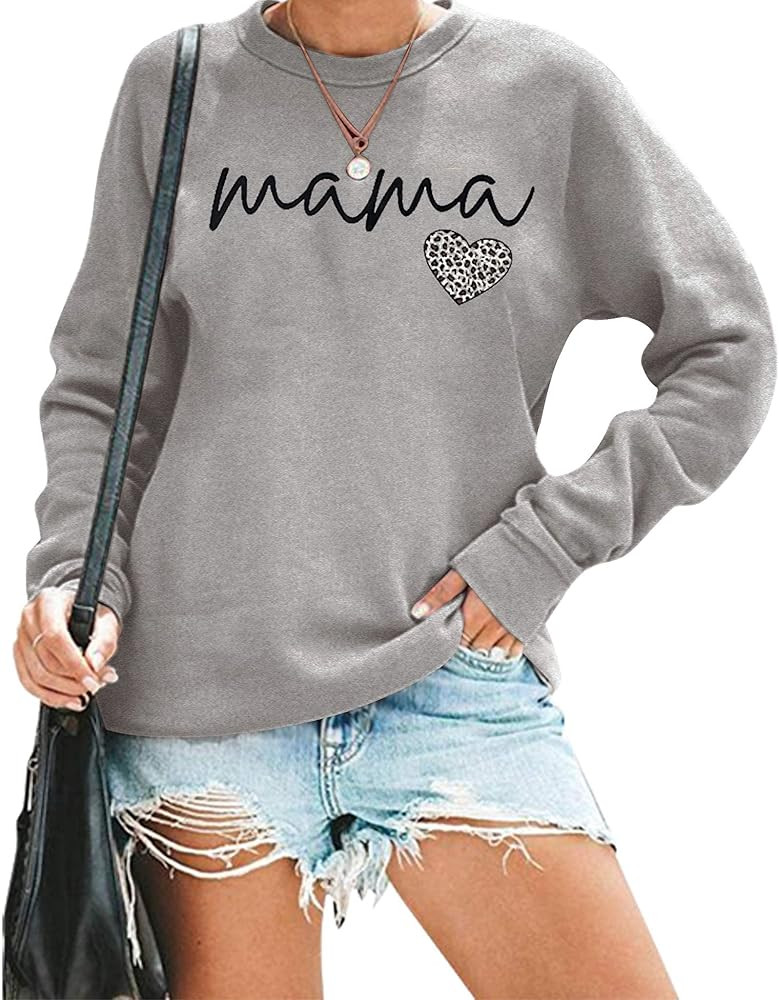 Mama Crew Neck Leopard Heart Sweatshirt | Amazon (US)