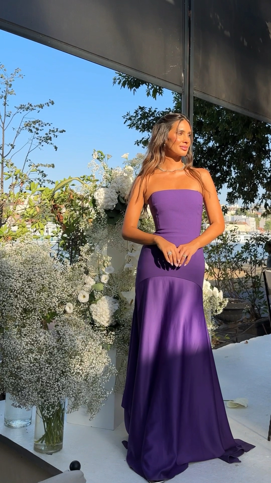 Wedding guest inspo💜 wedding gown, purple dress, black tie dress, elegant maxi dress, solace london, retrofete, diamond jewelry, shiny jewelry, silver sparkly bag 