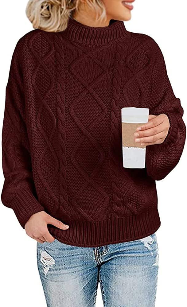 Womens Turtleneck Oversized Pullover Sweaters Cable Knit Batwing Long Sleeve Loose Fit Chunky Jum... | Amazon (US)