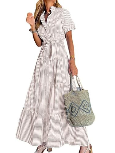 utcoco Womens Casual Short Sleeve Button Down Tie Waist Ruffled Striped Maxi Shirt Dress (Medium, Khaki) | Amazon (US)