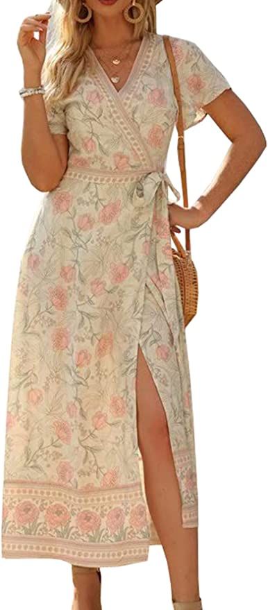 R.Vivimos Women's Summer Short Sleeve Floral Print Bohemian Beach Waist Tie Wrap Long Flowy Dress... | Amazon (US)