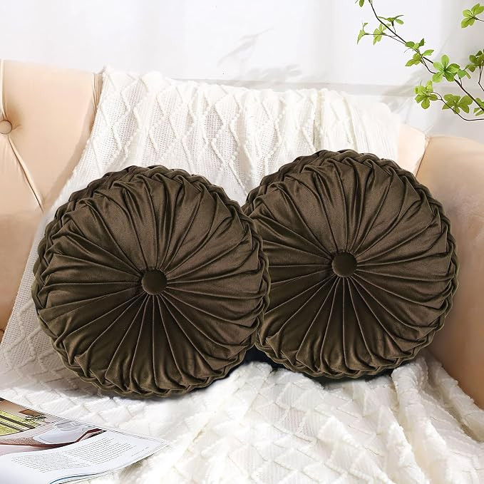 HIG Set of 2 Chocolate Velvet Decorative Round Pleated Throw Pillows | Amazon (US)