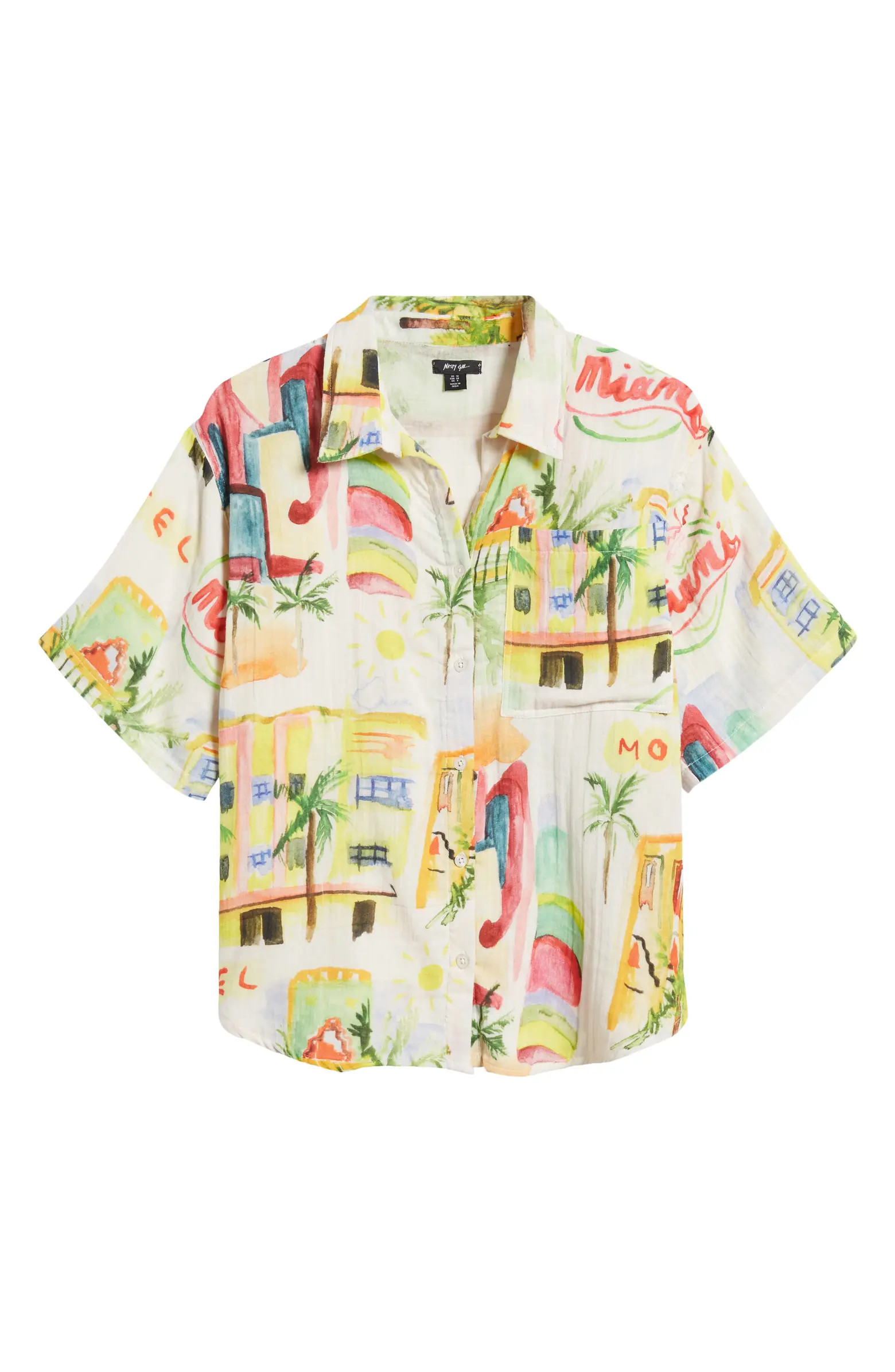 NASTY GAL Postcard Print Asymmetric Short Sleeve Cotton Gauze Button-Up Shirt | Nordstrom | Nordstrom