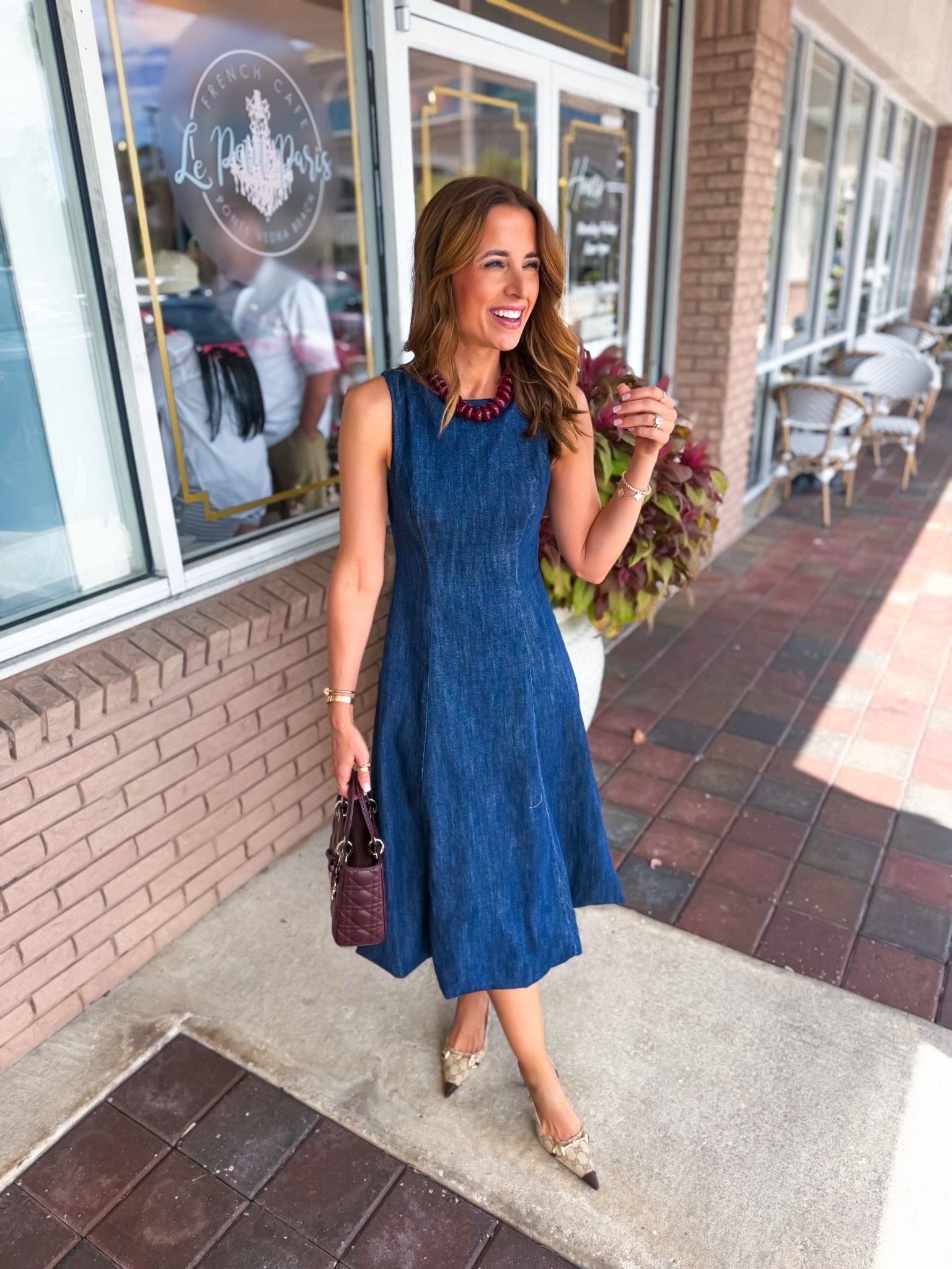 Today’s church outfit! Denim midi dress in XXS petite. Gucci Donna slingback heels are TTS. Anthropologie beaded necklace. Work outfit. Workwear. Fall outfit. Fall dress. Fall style.

#LTKootd #LTKPetite #LTKSeasonal