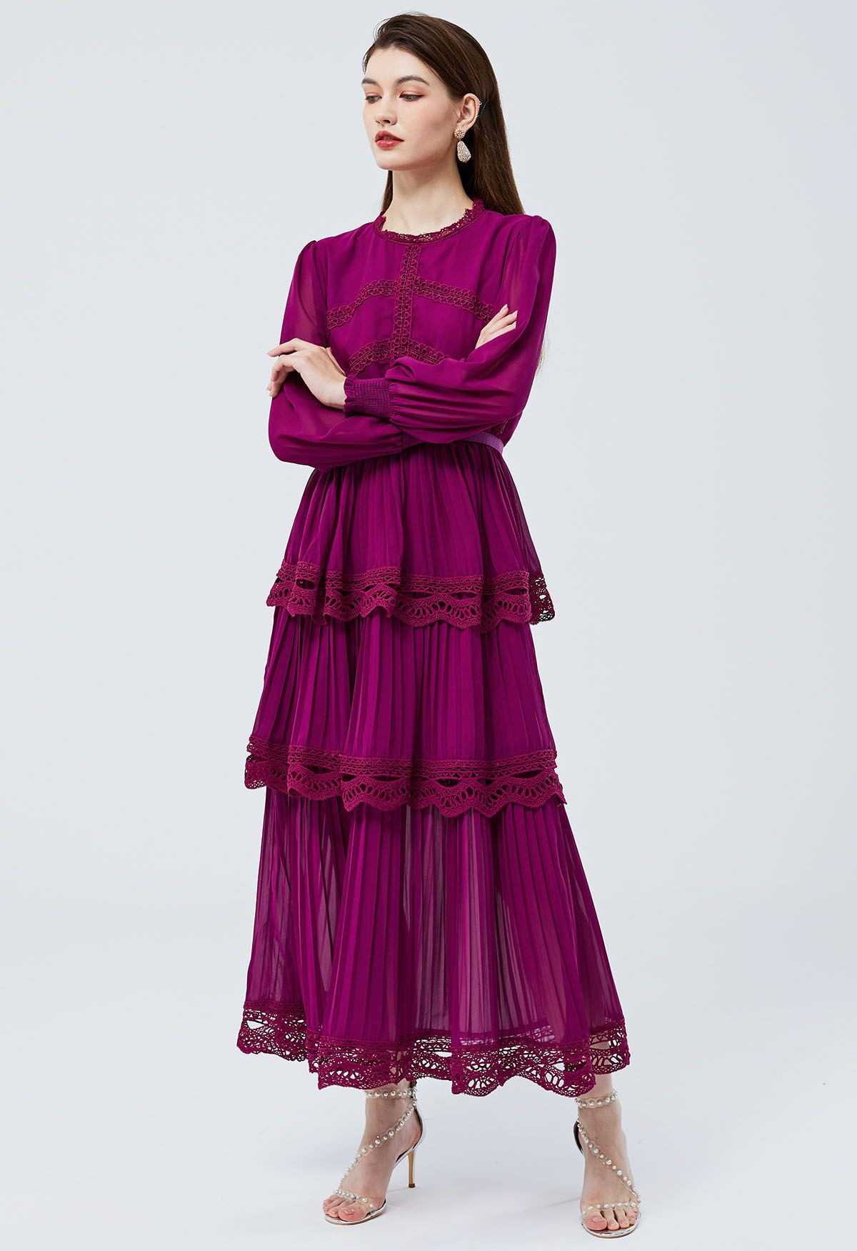 Crochet Lace Pleated Tiered Chiffon Maxi Dress in Burgundy | Chicwish