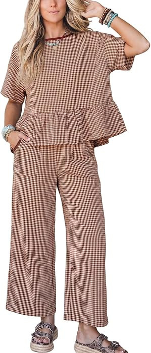 Womens Gingham 2 Piece Outfits Lounge Plaid Peplum Tops Wide Leg Pants Set | Amazon (US)