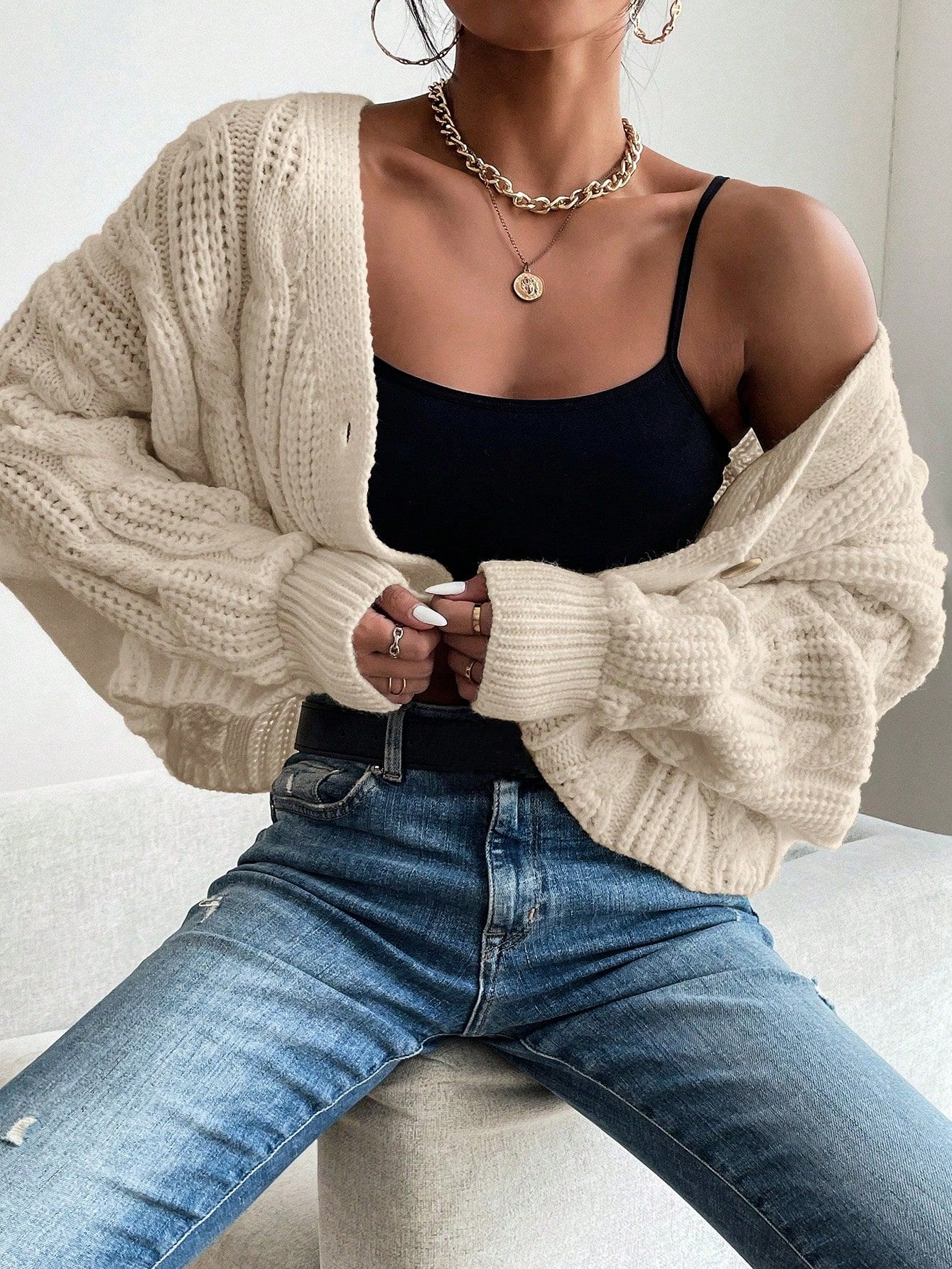 SHEIN Essnce Cable Knit Drop Shoulder Open Front Cardigan | SHEIN
