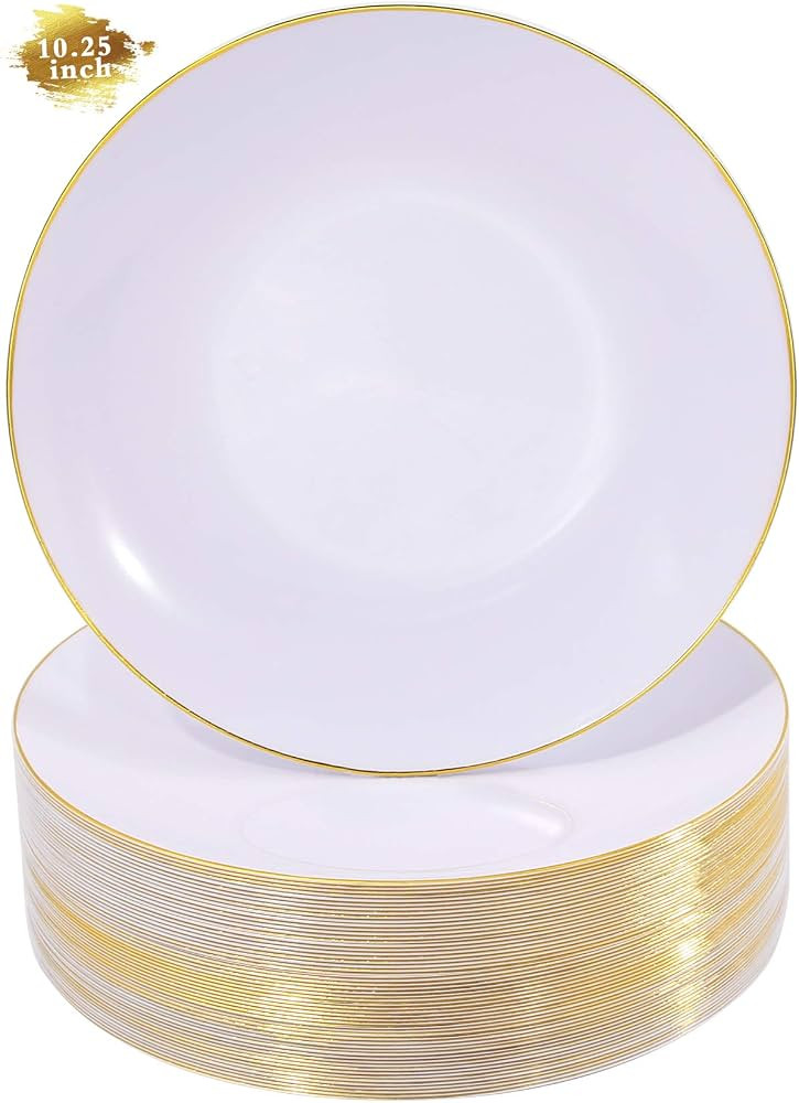 Nervure 100 Pieces Gold Plastic Plates - 10.25 inch Gold Dinner Plates - Heavyweight White and Go... | Amazon (US)
