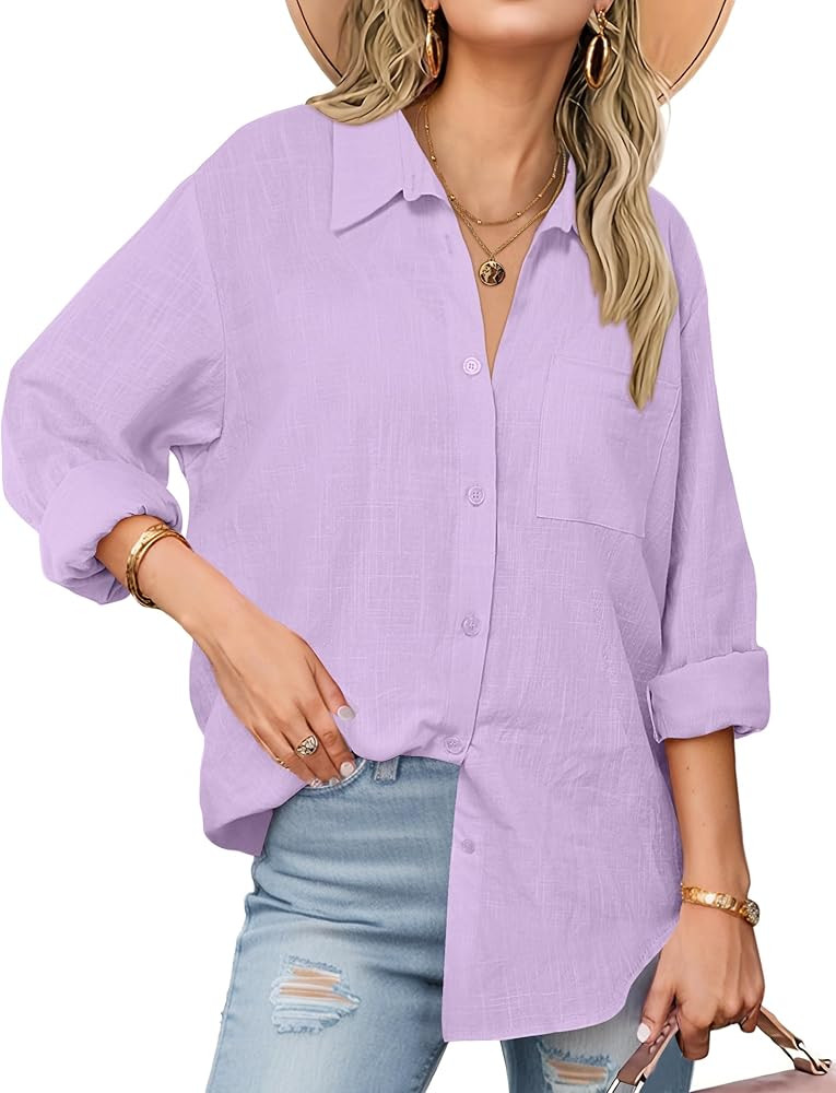 Zeagoo Womens Button Down Shirts Long Sleeve Cotton Gauze Tops Casual Collared Blouses Loose Fit | Amazon (US)