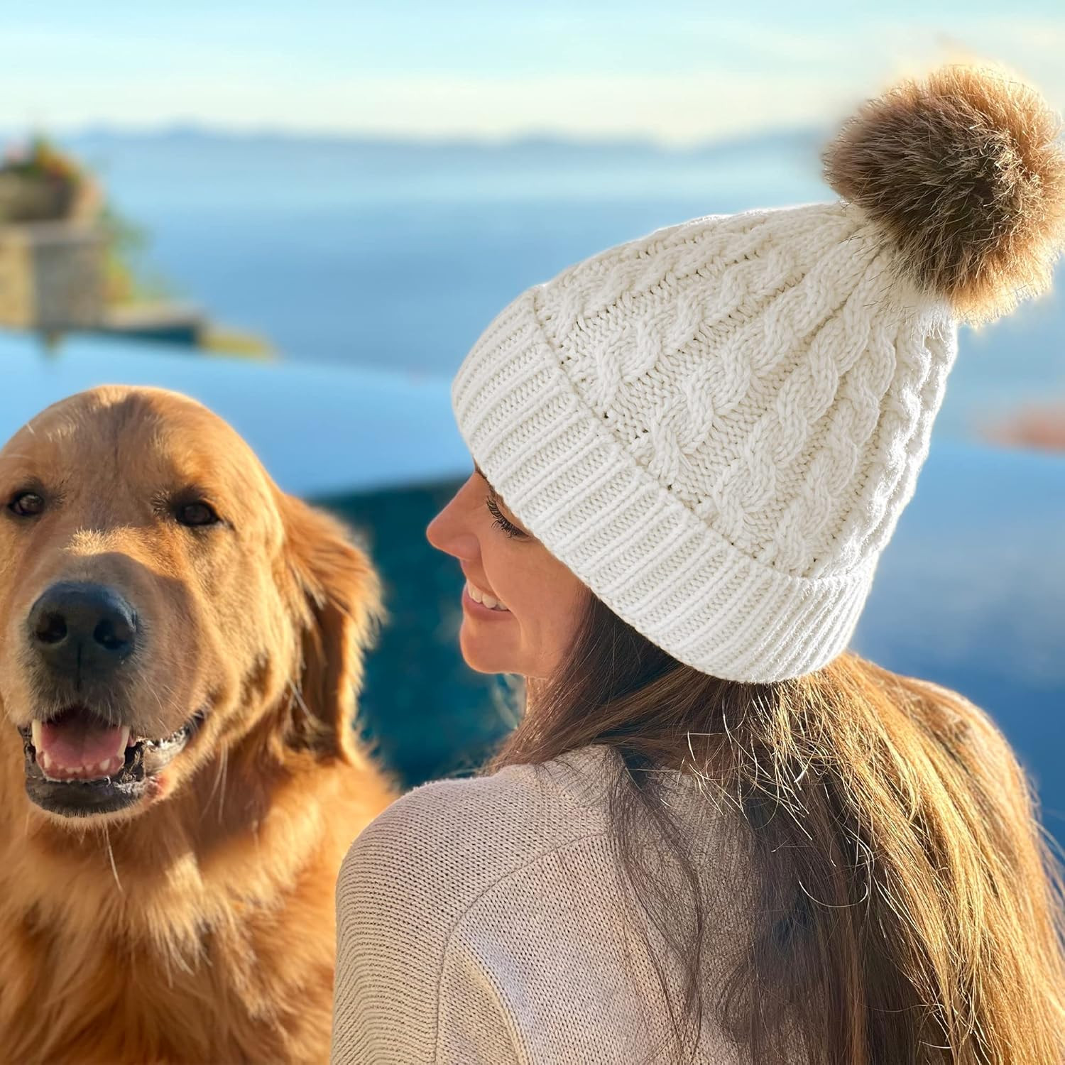 Simplicity Womens Winter Beanies Hand Knit Faux Fur Pompoms Beanie Hats | Amazon (US)