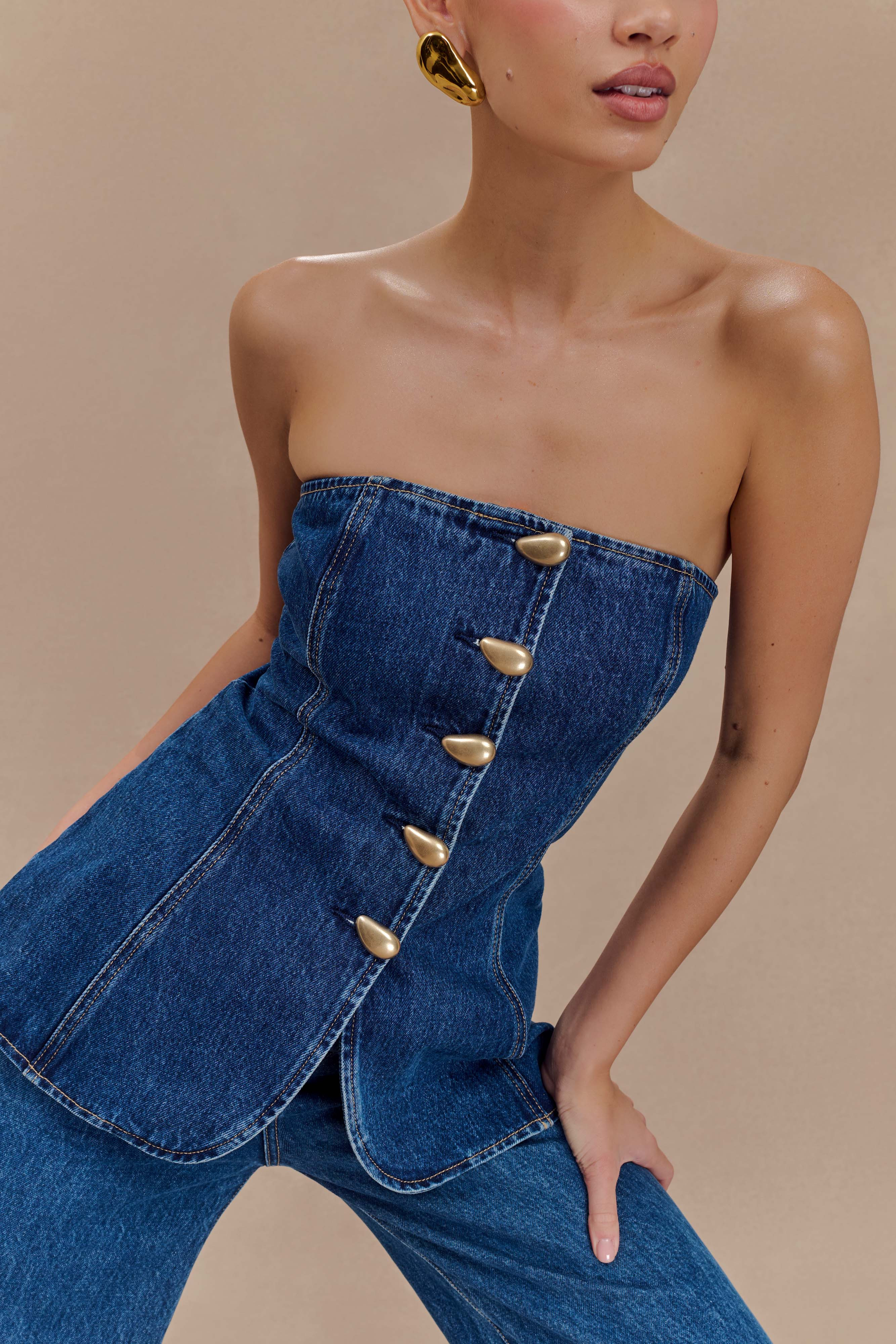 Lennox Strapless Long Line Button Top - Dark Blue | MESHKI US