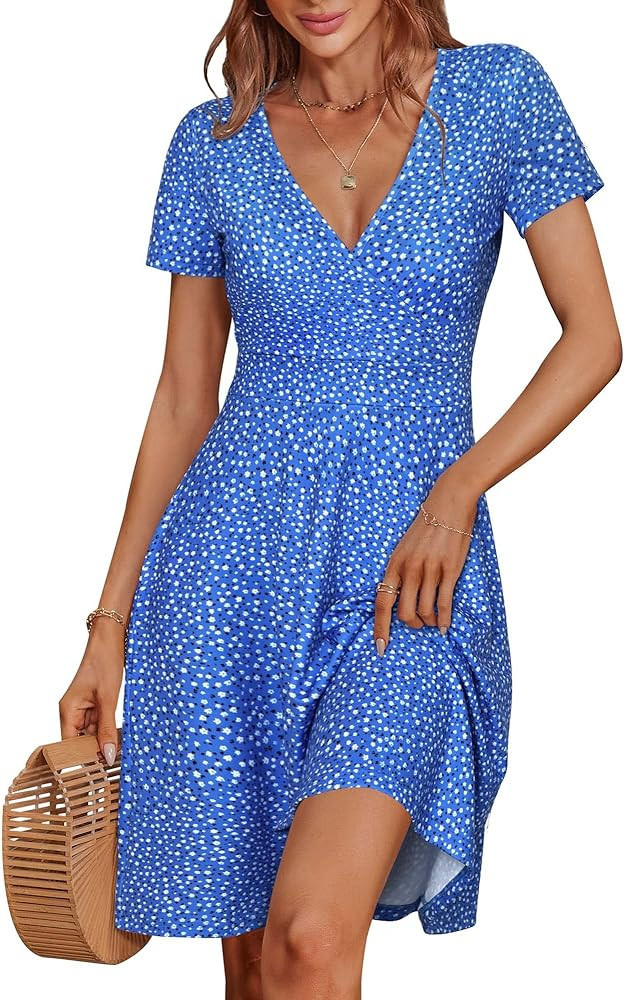 MSBASIC Womens Short Sleeve Wrap V Neck Summer Casual Midi Dress with Pockets | Amazon (US)