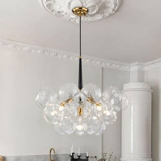 Alma 6-Light 29.5 in.W Gold and Black Cluster Bubble Chandelier with Globe Glass and Leather, LED... | The Home Depot