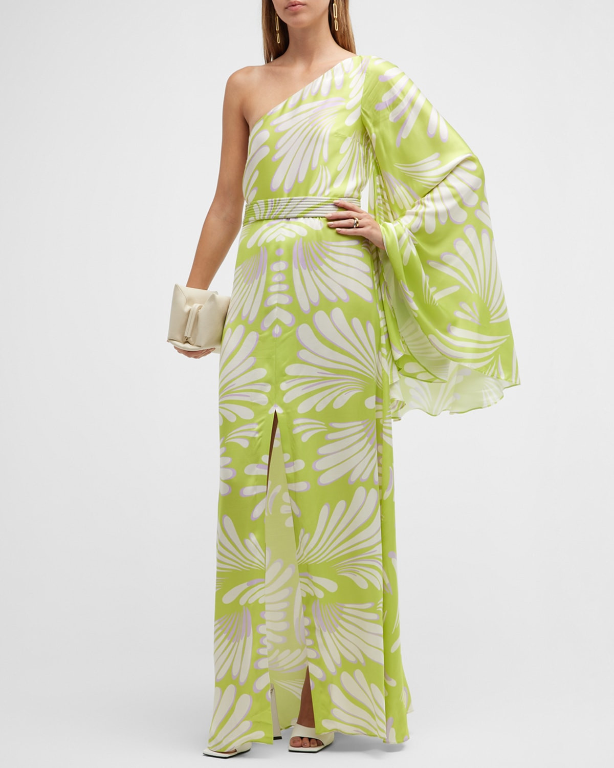 Lio One-Shoulder Angel-Sleeve Maxi Dress | Neiman Marcus