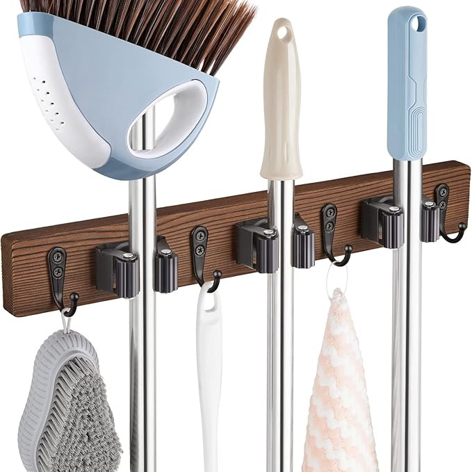 Mop Broom Holder Wall Mount with 3 Slots & 4 Hooks - Wood Broom Mop Hanger for Pantry Kitchen Org... | Amazon (US)