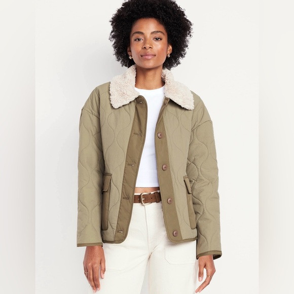 Old Navy Sage Green Quilted Nylon Jacket with Faux Sherpa Collar | Poshmark
