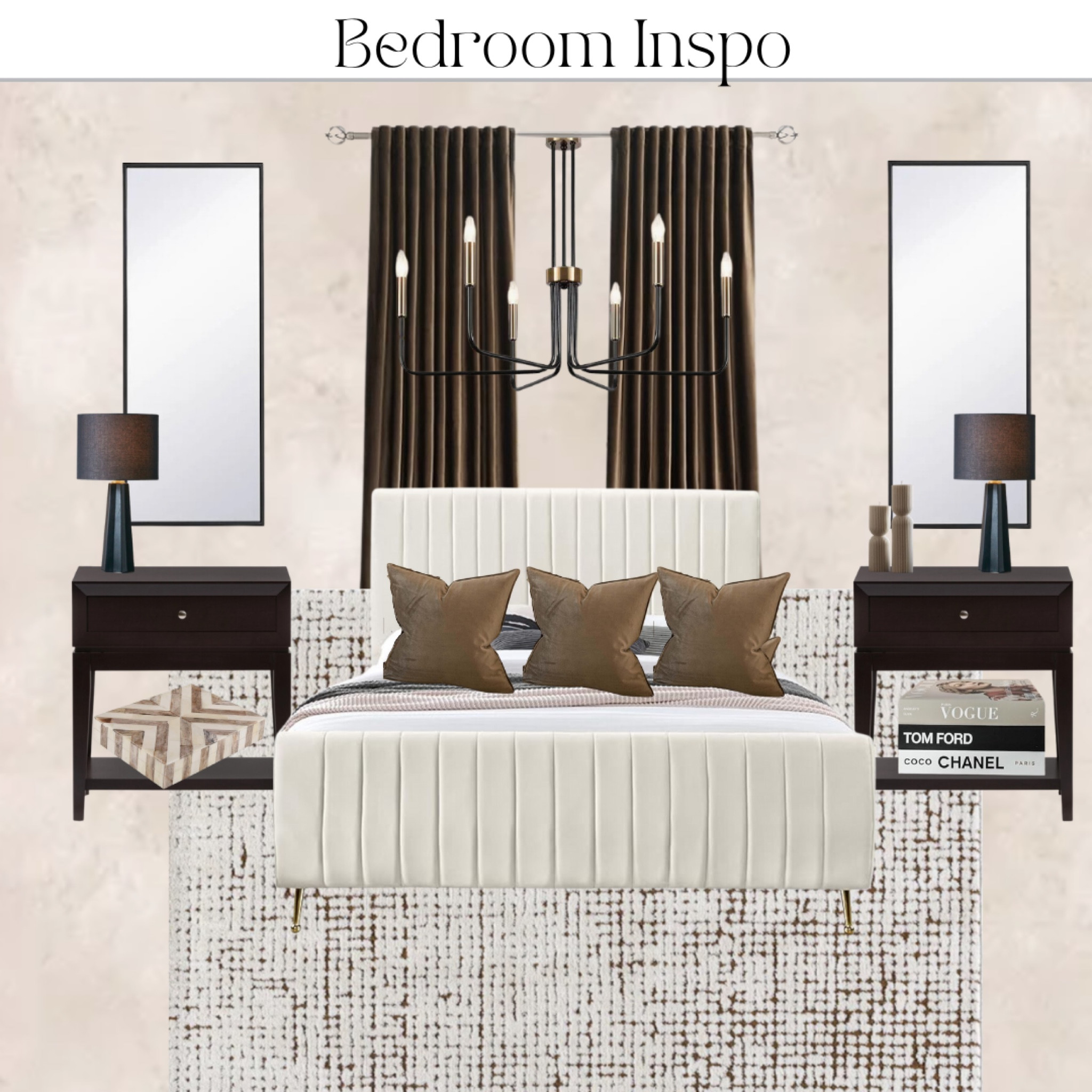 Bedroom Inspo🤎🖤 side table, rug, beige bed, pillow decor, chandelier, decor books, lamps 

#LTKHome #LTKStyleTip