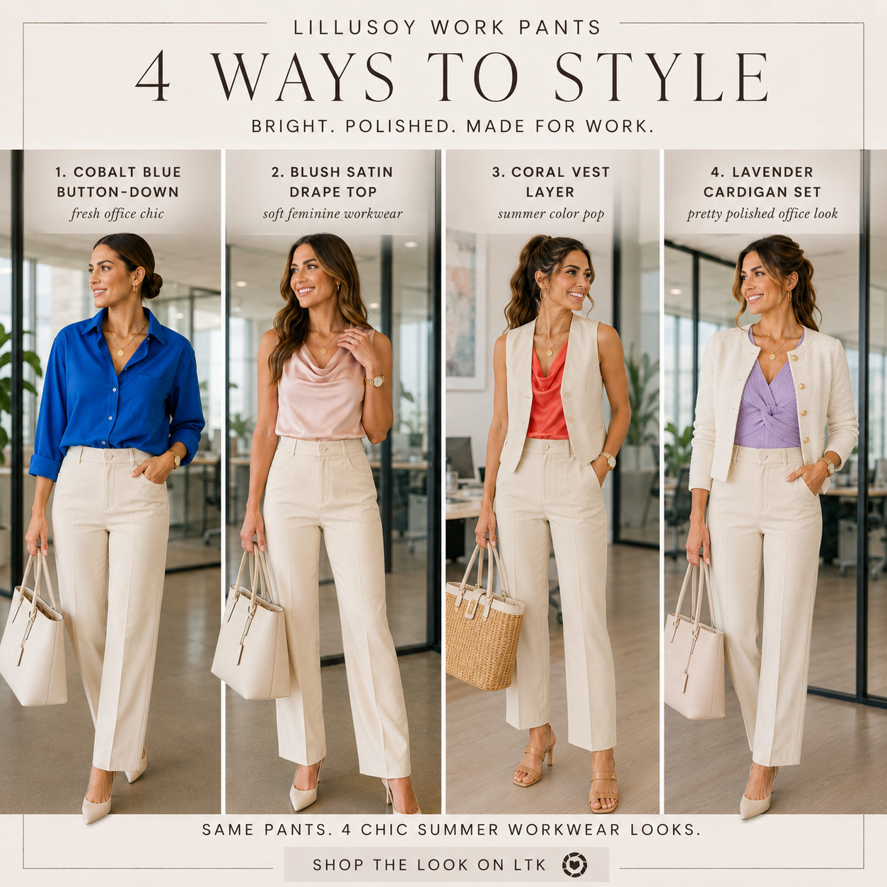 LILLUSORY Summer Workwear | Beige High-Waisted Straight Leg Pants

One pair of beige work pants, four completely different polished office looks — this is why these are worth checking first!!

These LILLUSORY high-waisted straight leg pants are the kind of versatile workwear staple that makes getting dressed feel so much easier because they can be styled endless ways without looking repetitive. 

The beige/ivory color feels fresh, elevated, and expensive-looking, the high waist gives a flattering polished fit, and the straight leg shape works with button-downs, satin tops, vests, cardigans, blazers, heels, flats, and sandals.

This is the pair that solves the “I need work pants that go with everything” problem. 

They’re soft and feminine with blush, bold and modern with cobalt blue, bright and chic with coral, and polished with lavender layers — same pants, totally different outfit every time.

Perfect for office days, meetings, teacher outfits, business casual looks, conferences, interviews, work travel, desk-to-dinner plans, and those weekday outfits where you want to look put together without rebuilding your whole wardrobe.

I styled the outfit formulas worth checking first so you can see how much wear one clean, neutral pair of pants can actually give you.

📌 SAVE this for summer work outfit ideas when you want one pair of pants that can carry endless polished office looks.

↓ Everything is linked!

#LTKSaleAlert #LTKWorkwear #LTKTravel