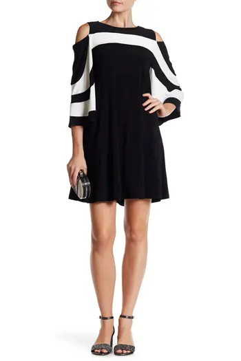 Nina Leonard Ity Stripe Cold Shoulder Dress in Black-Ivory at Nordstrom Rack, Size X-Large | Nordstrom Rack