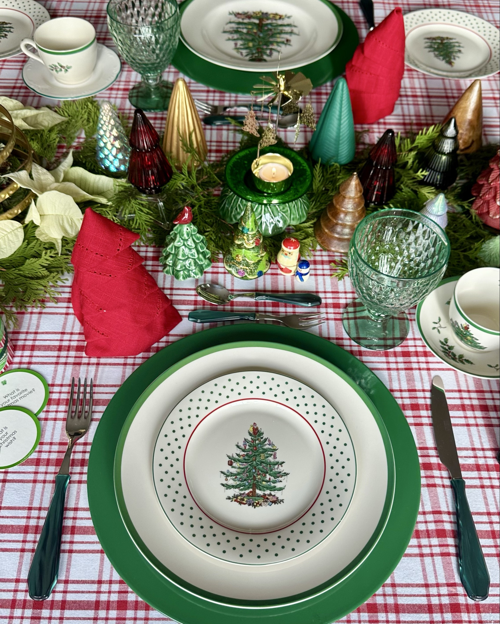 Deck the halls and the table! This festive setting combines the timeless charm of Spode’s Christmas Tree pattern, whimsical tree decorations, and creative tree-shaped napkins for a truly enchanting holiday tablescape. Add layers of greenery and sparkling accents to make your guests feel the holiday magic.

#LTKHome #LTKParties #LTKSeasonal