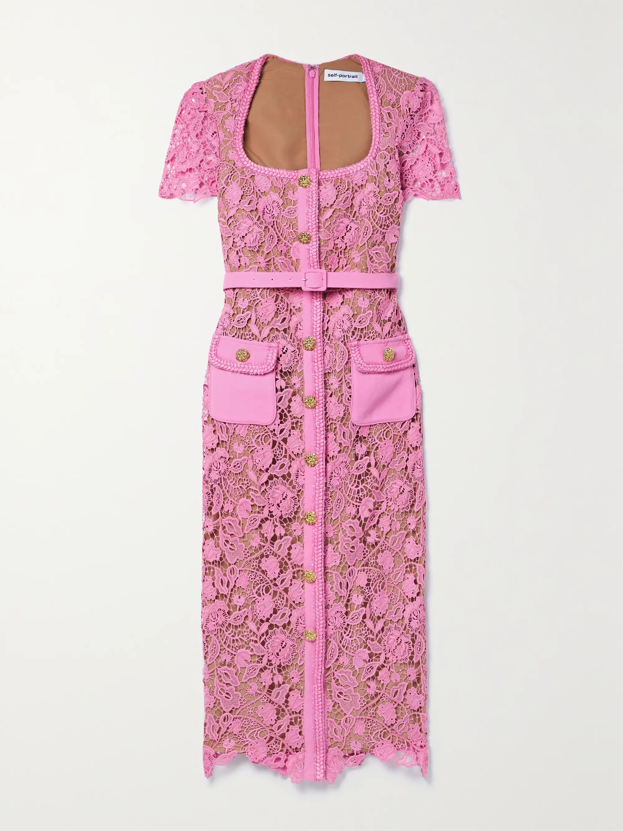 Button-embellished belted guipure lace midi dress | NET-A-PORTER (US)