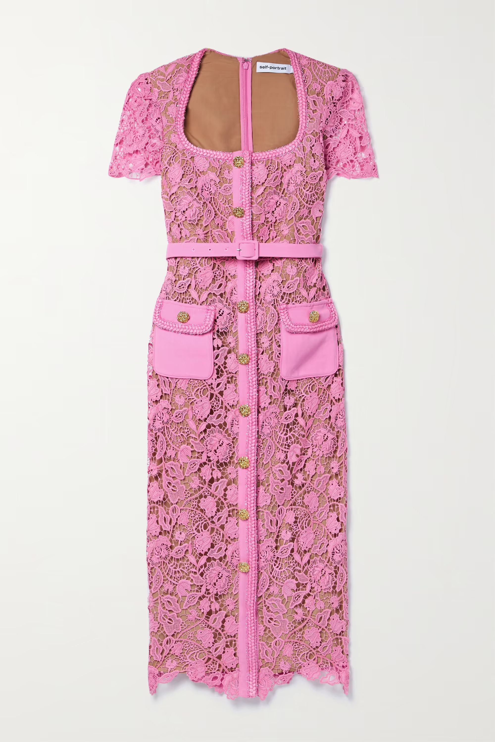 Button-embellished belted guipure lace midi dress | NET-A-PORTER (US)