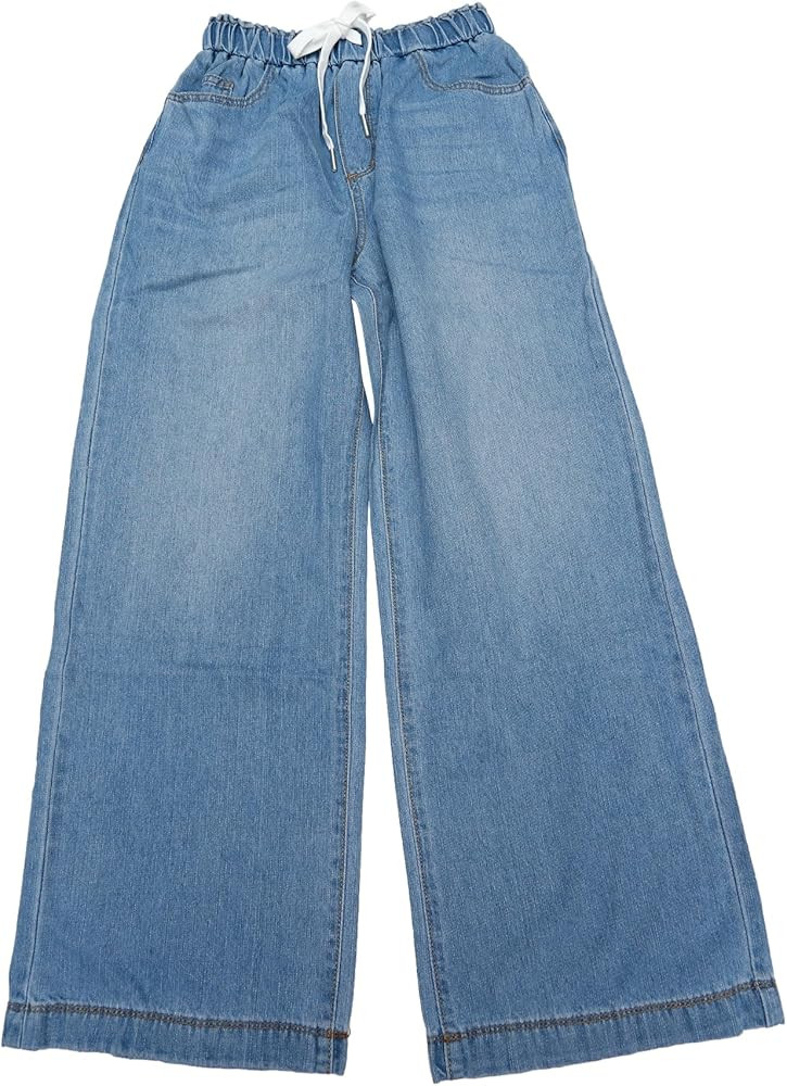 Allegra K Casual Denim Pants for Women's Drawstring Elastic Waist Wide Legs Jeans | Amazon (US)