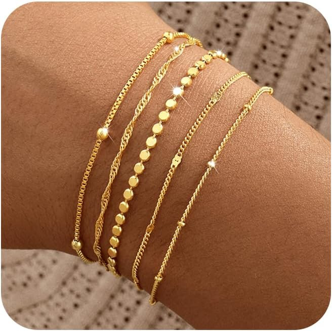 Amazon.com: Striviio Gold Bracelets for Women, 14K Gold Plated Stackable Bracelet Stack Set Adjus... | Amazon (US)