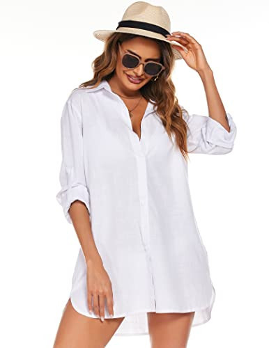 HOTOUCH Oversized Button Down Shirt Women White Shirt Dress Loose Linen Shirts Collared Tunics White XXL | Amazon (US)