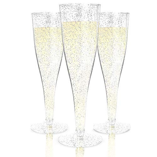 Plastic Champagne Flutes Disposable - 100 Pack | Silver Glitter Plastic Champagne Glasses for Partie | Amazon (US)