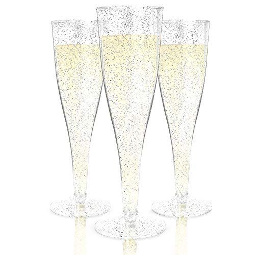 Plastic Champagne Flutes Disposable - 100 Pack | Silver Glitter Plastic Champagne Glasses for Partie | Amazon (US)