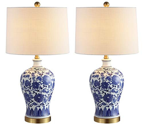 JONATHAN Y JYL1073A-SET2 25.75" Traditional Blue and White Ceramic Table Lamp Set of 2 for Living Room Bedroom, Classic Ginger Jar Bedside Nightstand Lamps with White Linen Drum Shade | Amazon (US)