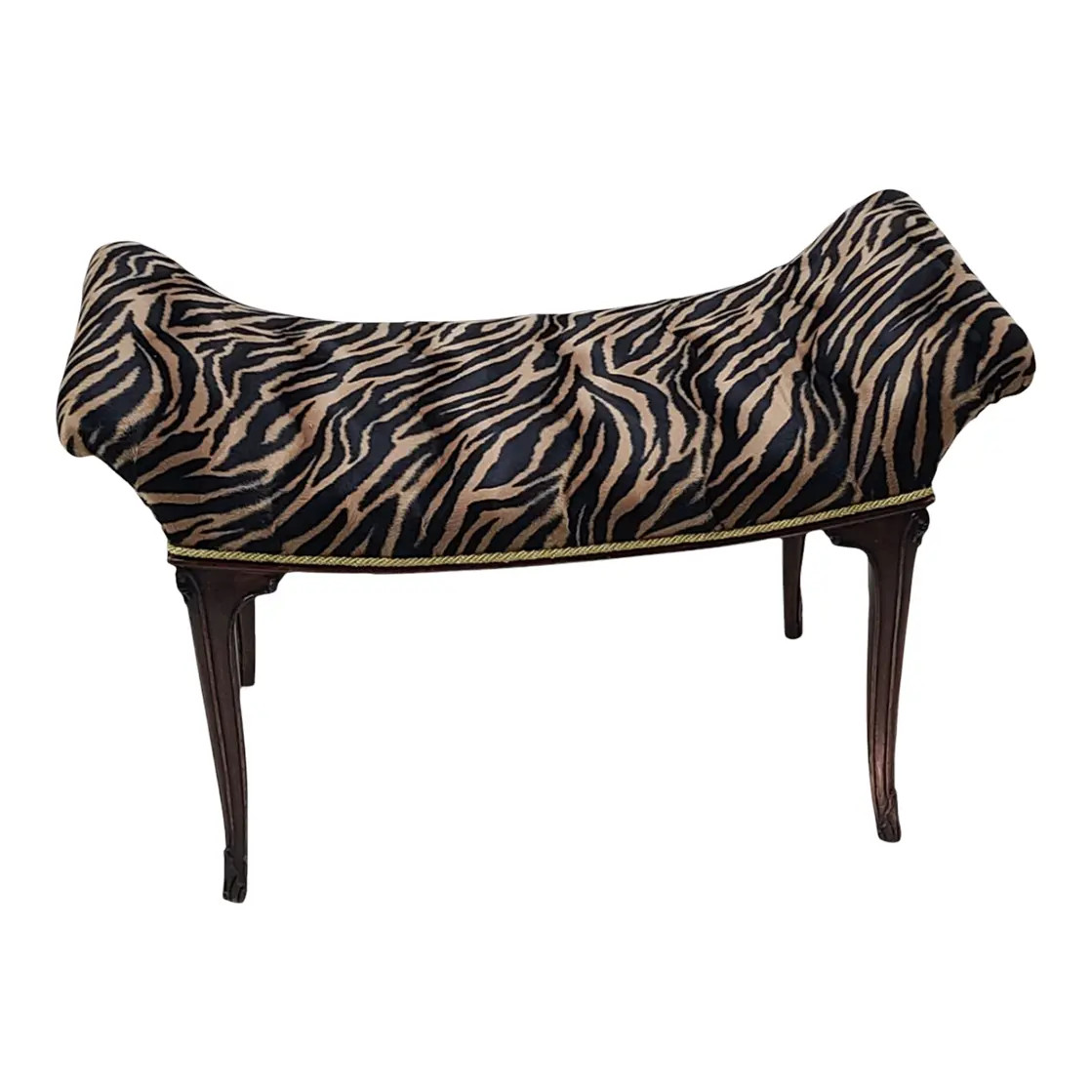 Early 20th Century Antique Cherry Wood Newly Upholstered Tiger Animal Print Window Seat Bench | Chairish