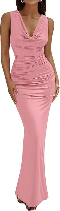 BTFBM Cocktail Dresses for Women Spring 2026 Cowl Neck Sleeveless Ruched Slim Fit Maxi Summer For... | Amazon (US)