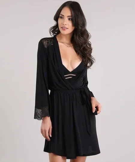 Robe Feminino com Renda Manga Longa Preto | C&A BR