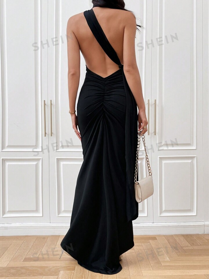 SHEIN X Tarsha Whitmore SHEIN Privé Ruched Split Thigh Backless Halter Neck Dress | SHEIN
